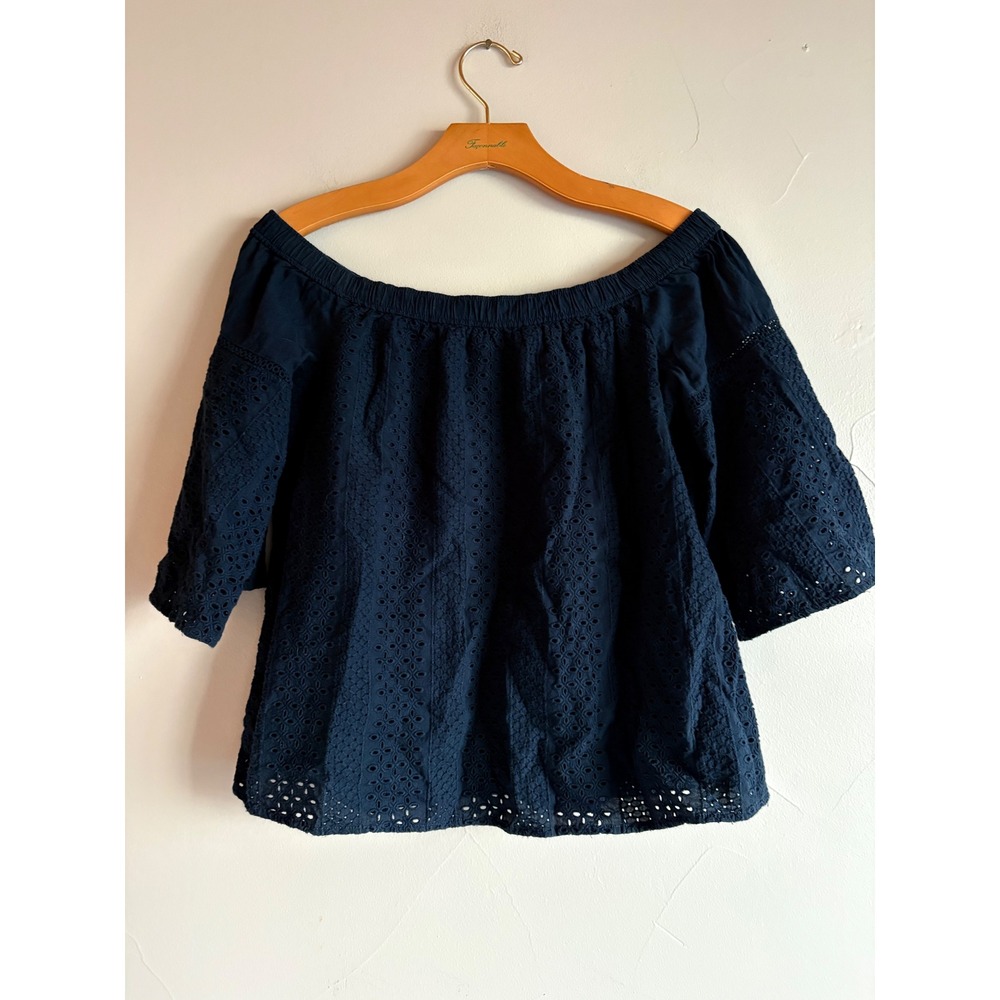 Abercrombie & Fitch Navy Blue Eyelet Off The Shoulder Bell Sleeve Top Small